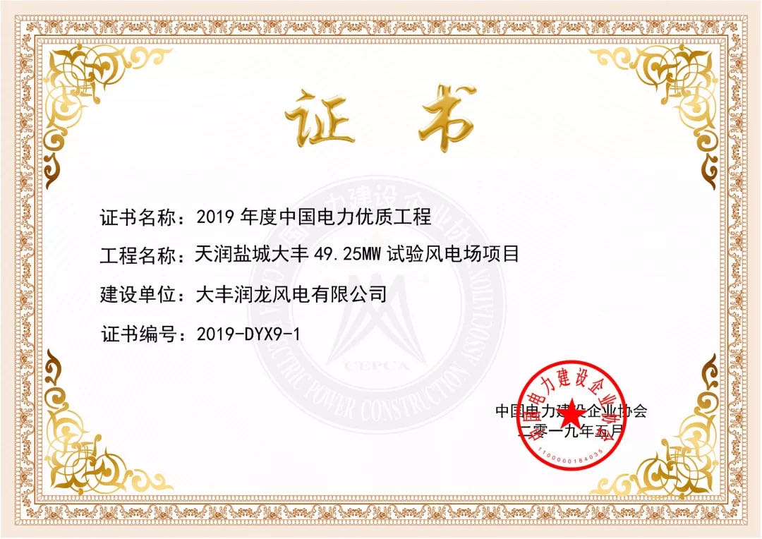 2019年度中国电力优质工程奖-大丰润龙风电场